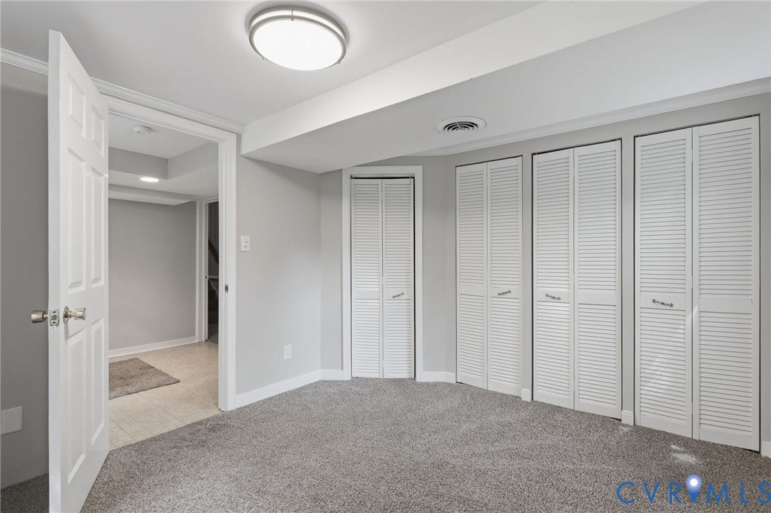 8349 Charlise Road, Oxford, Richmond, VA 23235 Recessed lighting, flush-mount ceiling fixture, multiple bi-fold louvered doors, and grey carpet flooring