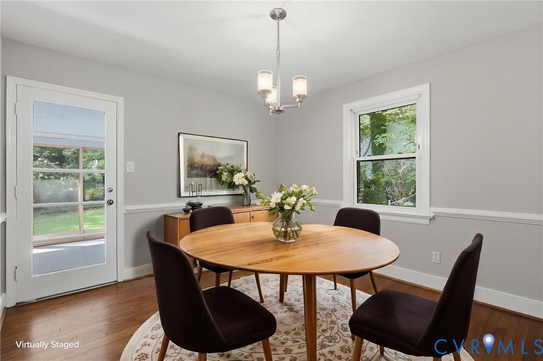 8349 Charlise Road, Oxford, Richmond, VA 23235 Hardwood flooring, painted walls, white trim, glass-paneled exterior door, and a multi-light chandelier