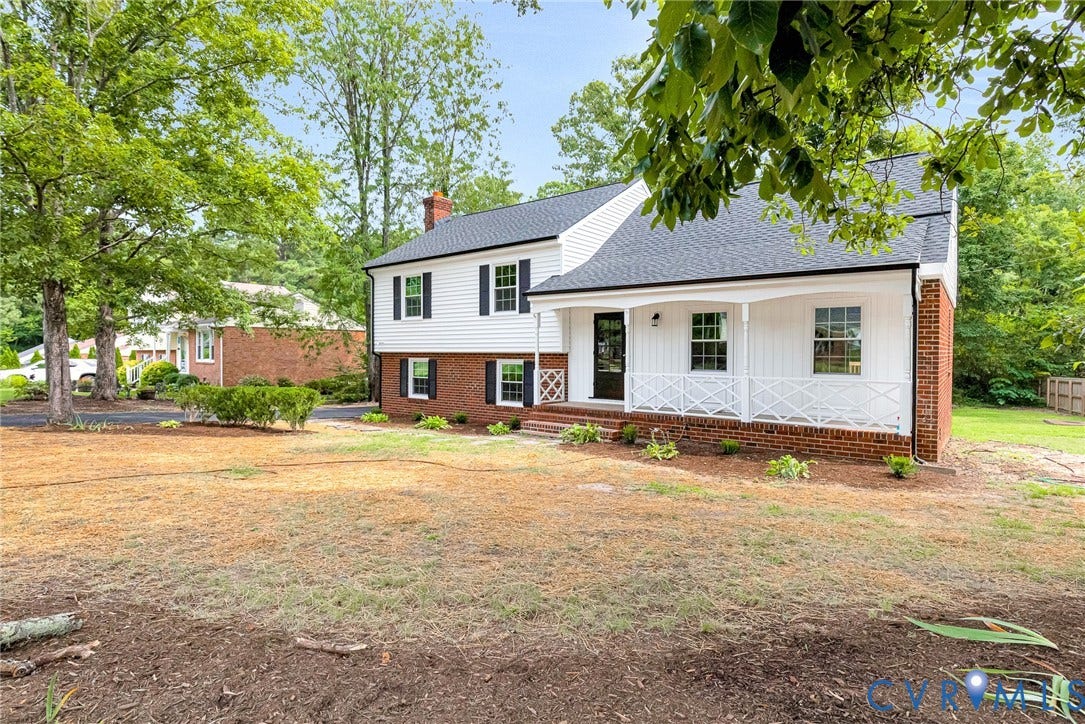 1605 CLOISTER Drive, Henrico, VA 23228 White siding exterior with brick accents, black shutters, and a covered front porch featuring white railings