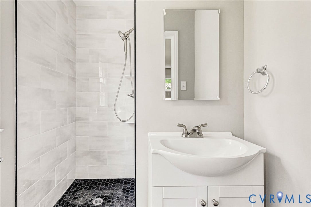 1605 CLOISTER Drive, Henrico, VA 23228 Walk-in shower with large format tile walls and hexagonal floor tile