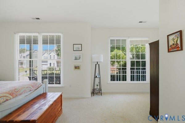 Light-colored wall finishes, white window trim, and wall-to-wall carpeting