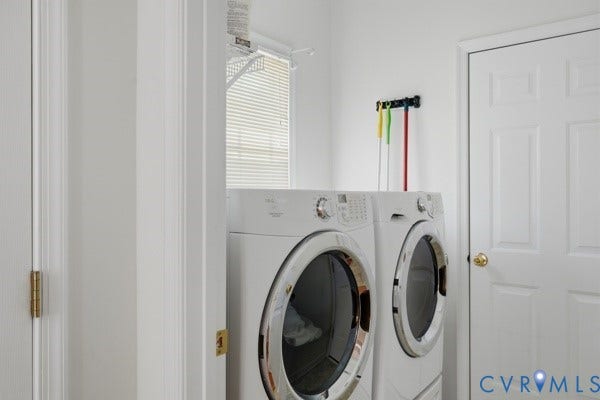 Dedicated laundry area with window and white paneled doors