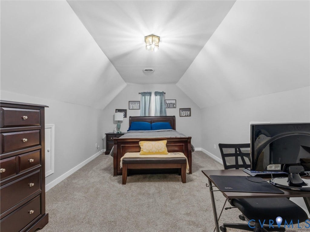 3489 Richards Run, Powhatan, VA 23139 Vaulted ceiling with central lighting fixture and gray carpeted flooring