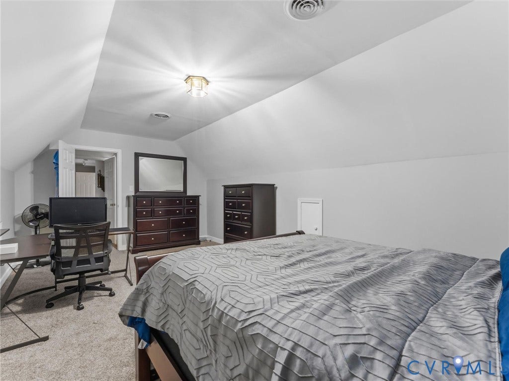 3489 Richards Run, Powhatan, VA 23139 Carpeted flooring, vaulted ceiling with a flush-mount light fixture, and an attic access panel