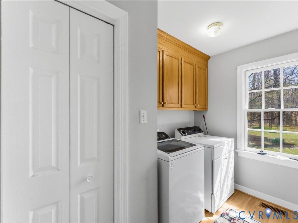 3489 Richards Run, Powhatan, VA 23139 Integrated laundry area featuring wood-finish flooring, wood cabinetry, and a double-paned window