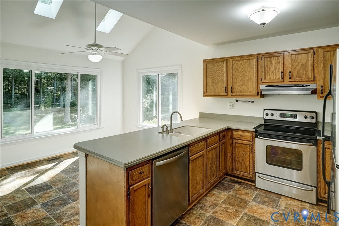 2388 Horsley Drive, Henrico, VA 23233 Sunny Kitchen featuring wood-finish cabinetry, stainless steel appliances, and a double basin sink. Also freshly painted