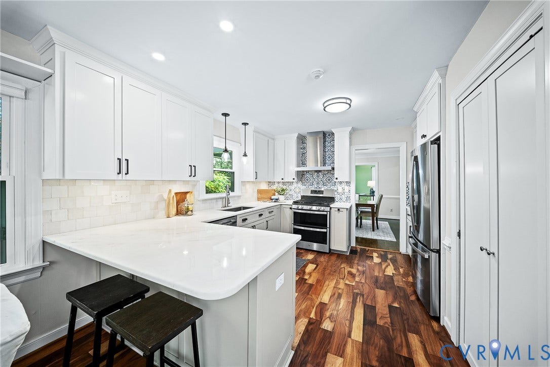 1608 Queens Point Drive, Henrico, VA 23238 Kitchen featuring white shaker-style cabinetry, solid-surface countertops, subway tile backsplash, stainless steel appliances, and wood-finish flooring