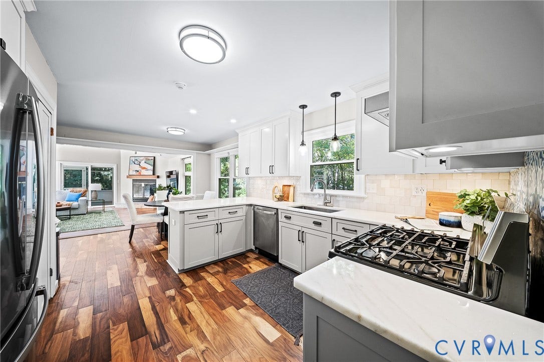 1608 Queens Point Drive, Henrico, VA 23238 Kitchen featuring white shaker cabinetry, stainless steel appliances, light-toned stone countertops, a tiled backsplash, and wood-finish flooring