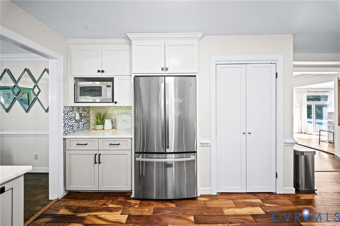 1608 Queens Point Drive, Henrico, VA 23238 Kitchen featuring white cabinetry, stainless steel refrigerator, built-in microwave, patterned backsplash tile, and wood-finish flooring