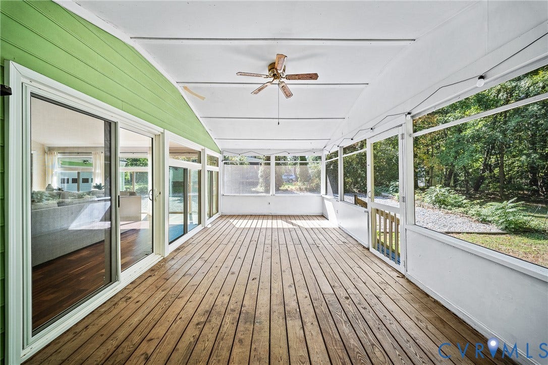 1608 Queens Point Drive, Henrico, VA 23238 Enclosed porch featuring wood decking, floor-to-ceiling screen panels, a ceiling fan, and sliding glass entry doors