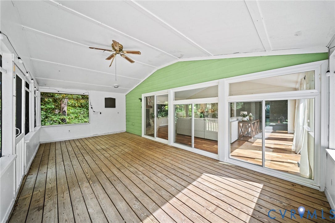 1608 Queens Point Drive, Henrico, VA 23238 Enclosed porch featuring wood decking, vaulted ceiling, ceiling fan, and extensive sliding glass wall panels