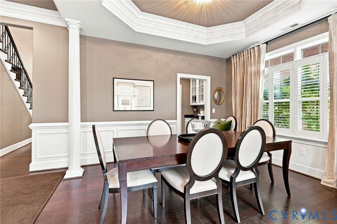 11762 Triple Notch Terrace, Three Notch Place, Henrico, VA 23233 Hardwood flooring, decorative wainscoting, and an ornate tray ceiling with crown molding
