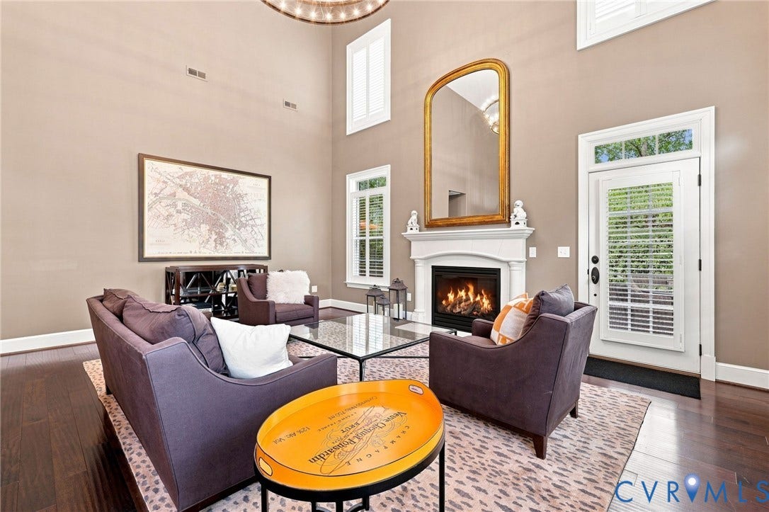 11762 Triple Notch Terrace, Three Notch Place, Henrico, VA 23233 Vaulted ceiling, dark wood-finish flooring, white fireplace mantel, gas fireplace insert, and white door with integrated blinds