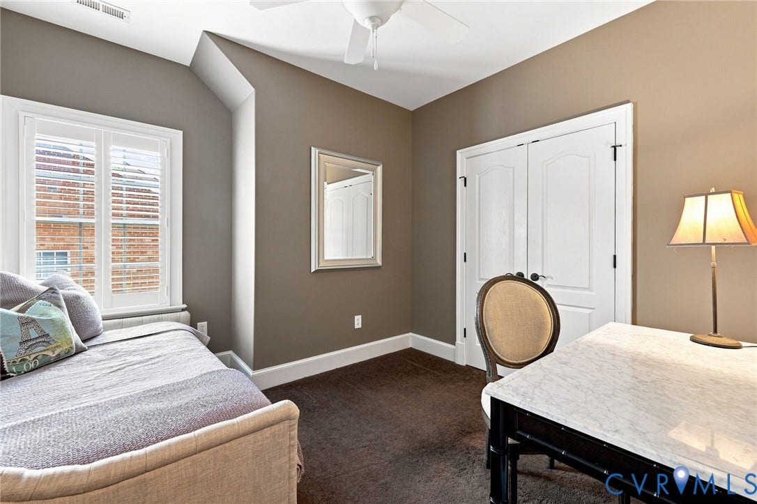11762 Triple Notch Terrace, Three Notch Place, Henrico, VA 23233 3rd guest room featuring neutral wall paint, wide trim, a ceiling fan/light, and double door closet with custom organization
