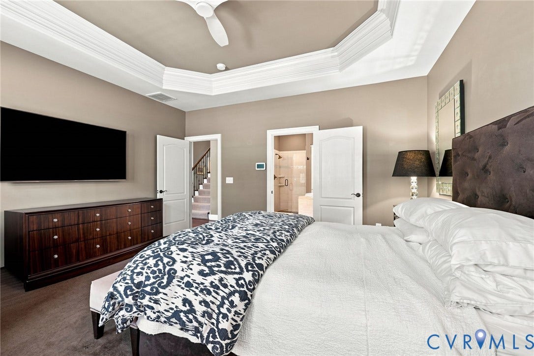 11762 Triple Notch Terrace, Three Notch Place, Henrico, VA 23233 Tray ceiling with crown molding, ceiling fan, wood-finish flooring, and painted walls