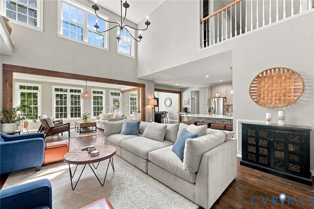 8301 Macandrew Terrace, Chesterfield, VA 23838 Two-story living area with high ceilings, dark wood-finish flooring, and an open-concept design