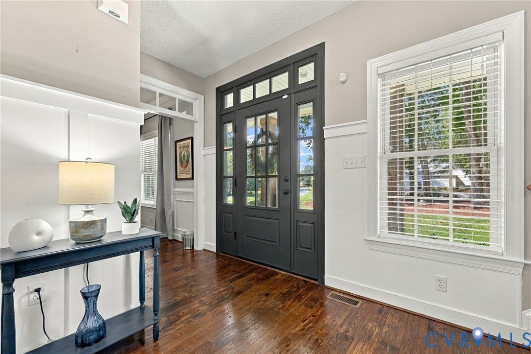 8301 Macandrew Terrace, Chesterfield, VA 23838 Hardwood flooring, dark-toned double entry doors with glass panels, a transom window, wainscoting, and a white-framed window