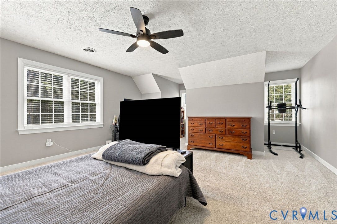 8301 Macandrew Terrace, Chesterfield, VA 23838 Neutral toned walls, soft carpet flooring, white trim windows, and a ceiling fan with integrated lighting