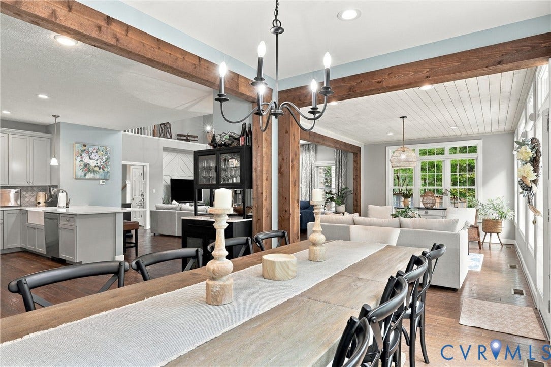 8301 Macandrew Terrace, Chesterfield, VA 23838 Exposed wood beams, wood-finish flooring, white shiplap ceiling, recessed lighting, and large windows