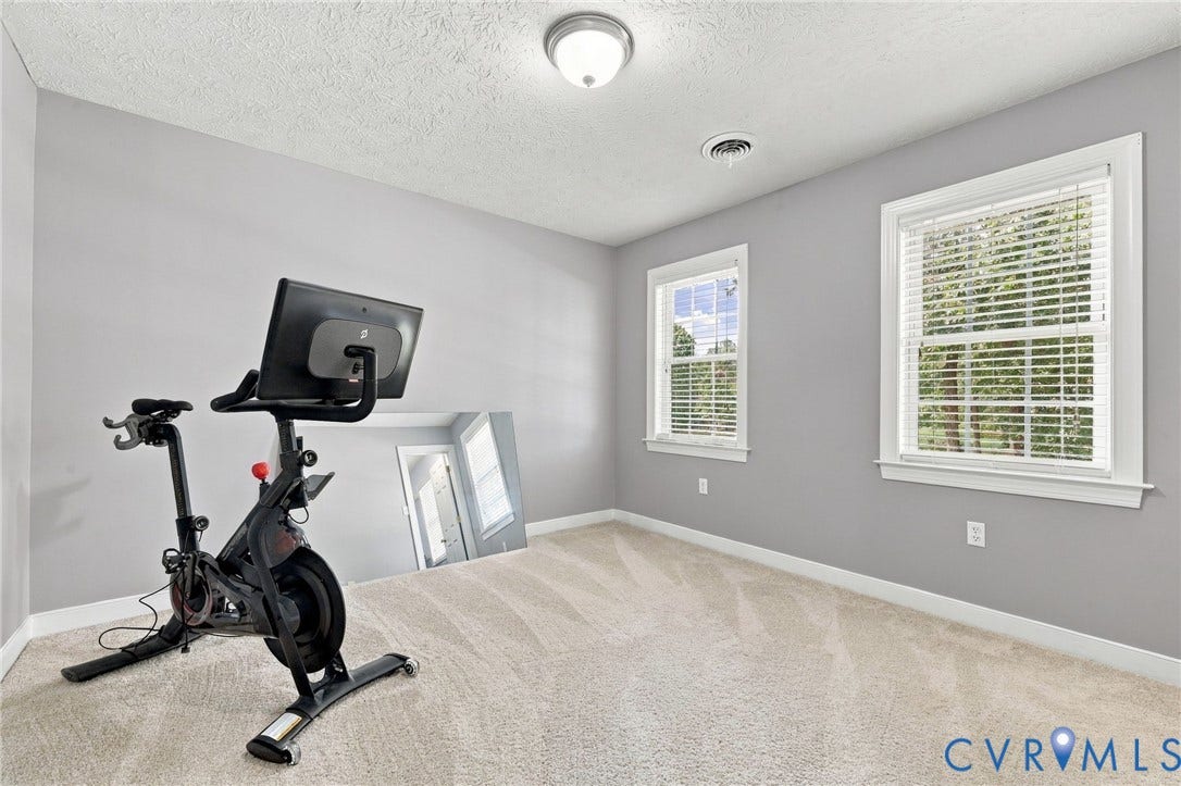 8301 Macandrew Terrace, Chesterfield, VA 23838 Neutral gray wall paint with white trim, two windows with blinds, light-colored carpeting, and a flush-mount ceiling light