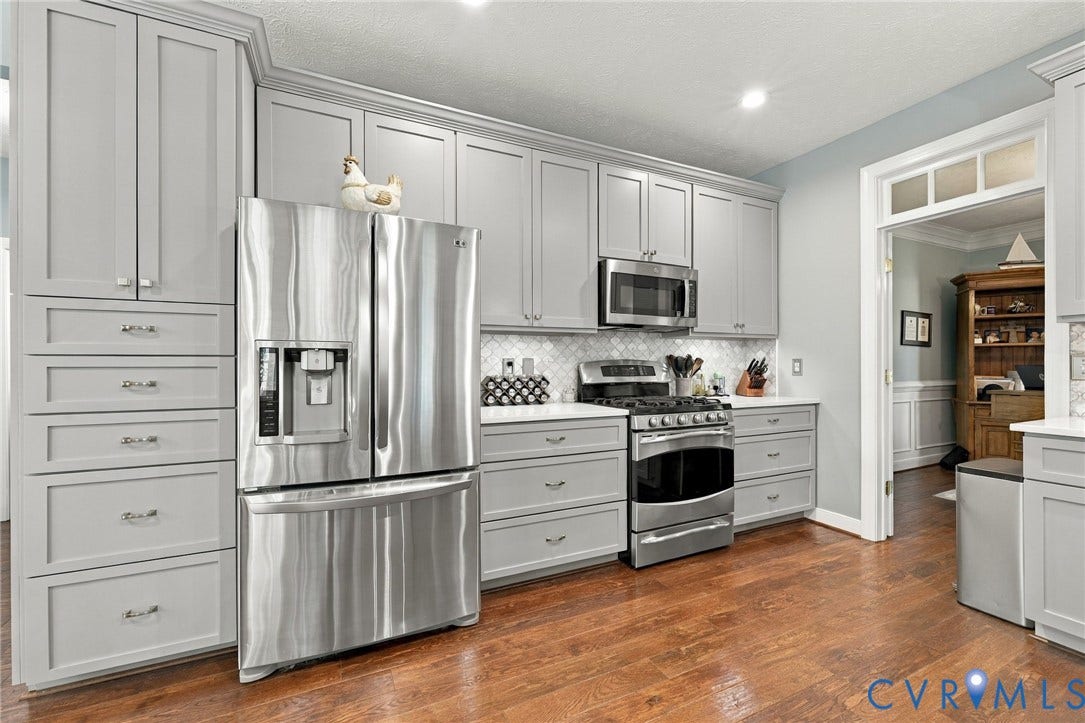 8301 Macandrew Terrace, Chesterfield, VA 23838 Light gray cabinetry, stainless steel appliances, mosaic tile backsplash, white countertops, and wood-finish flooring