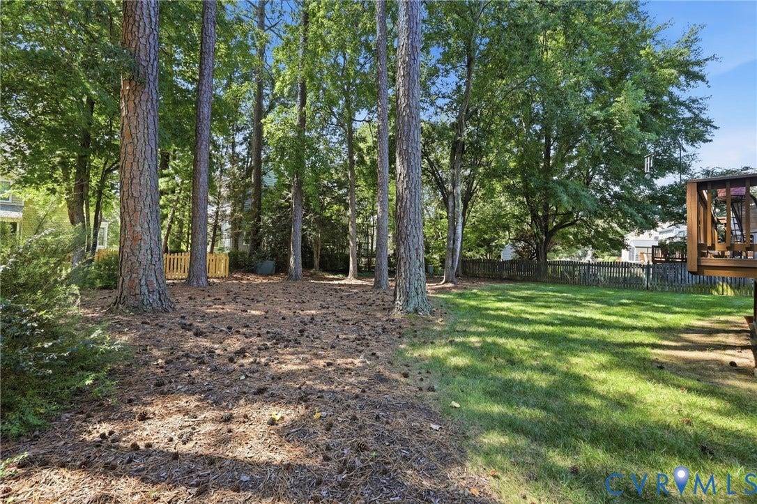 12309 Maybrook Lane, Wyndham, Glen Allen, VA 23059 Expansive backyard featuring mature trees, a manicured lawn, and a wooden privacy fence
