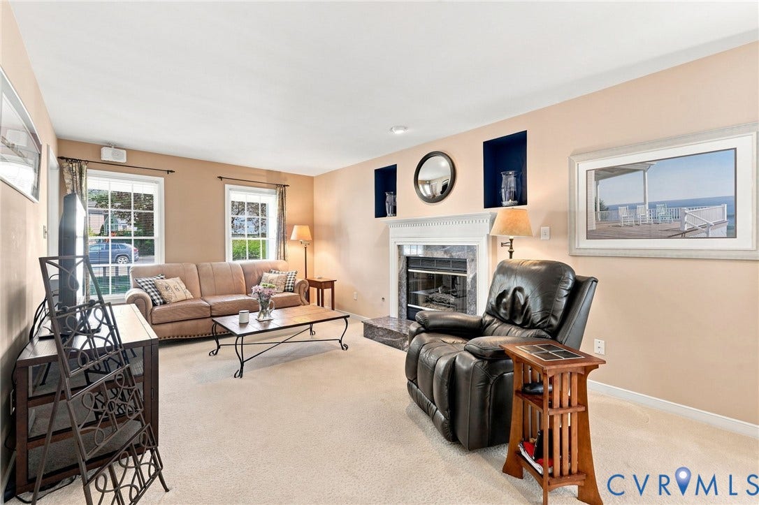 12309 Maybrook Lane, Wyndham, Glen Allen, VA 23059 Carpeted living area featuring a fireplace with a stone surround, a white mantel, and two recessed wall niches