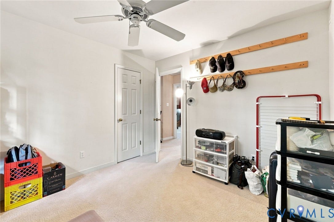 12309 Maybrook Lane, Wyndham, Glen Allen, VA 23059 Neutral wall paint, ceiling fan with light fixture, paneled interior doors, and neutral carpet flooring