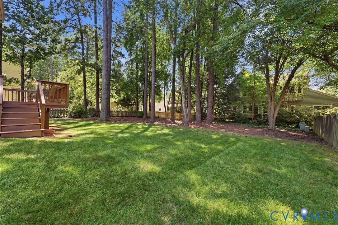 12309 Maybrook Lane, Wyndham, Glen Allen, VA 23059 Expansive green lawn, multi-level wood deck, mature trees, and natural landscaping