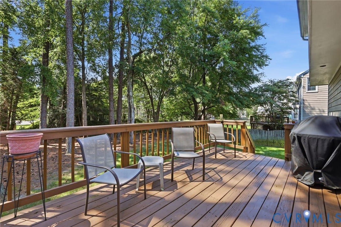 12309 Maybrook Lane, Wyndham, Glen Allen, VA 23059 Expansive wood-finish deck with railings, offering an outdoor living area