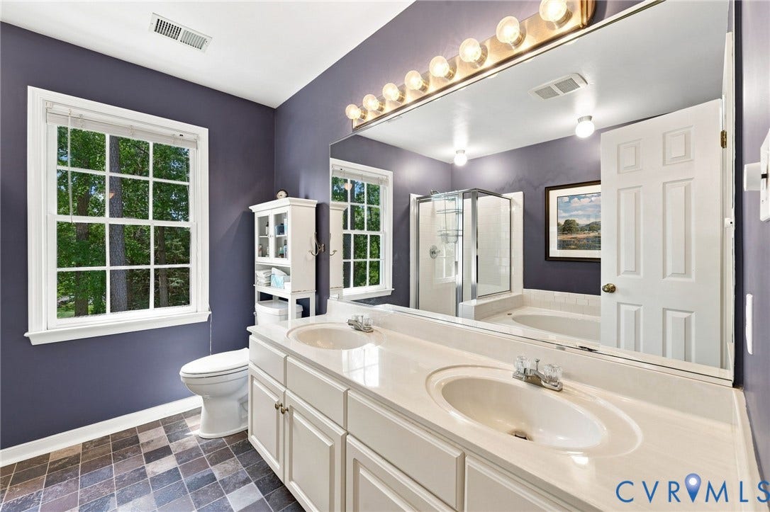 12309 Maybrook Lane, Wyndham, Glen Allen, VA 23059 Dual vanity with integrated sinks, full-width mirror, and overhead strip lighting