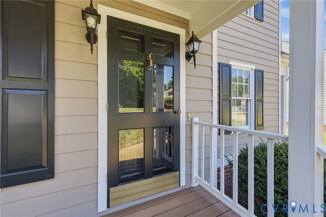 12309 Maybrook Lane, Wyndham, Glen Allen, VA 23059 Front entry featuring a paneled door with glass inserts, exterior light fixtures, a white railing, and horizontal siding