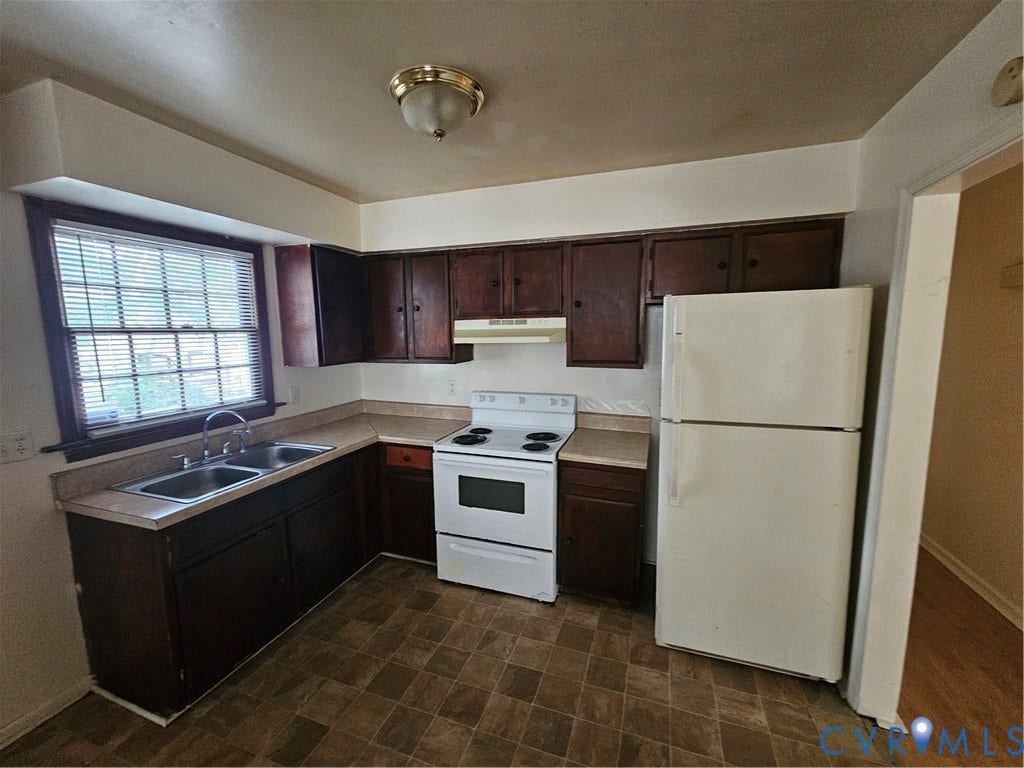 3020 Groveland Avenue, Richmond, VA 23222 Kitchen featuring a double basin stainless steel sink, wood-finish cabinetry, and an electric range
