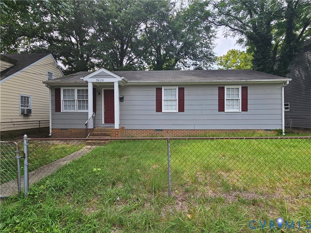 3020 Groveland Avenue, Richmond, VA 23222 Gray exterior siding with red shutters, a prominent red entry door, covered front porch, and a chain-link fence