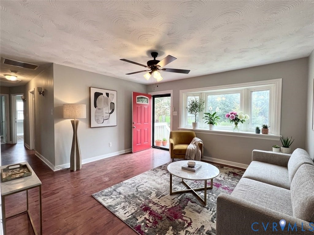 2711 Cheatham Street, Henderson & Johnson, Richmond, VA 23234 Wood-finish flooring throughout, bay window with extensive sill, ceiling fan with integrated lighting, and a brightly colored front entry door