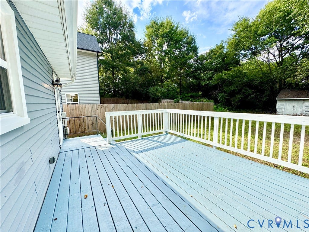 2711 Cheatham Street, Henderson & Johnson, Richmond, VA 23234 Expansive outdoor deck with white railing, wood fence, and mature trees