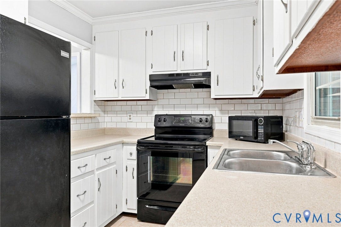 608 Dauphin Drive, Chesterfield, VA 23236 Kitchen featuring white cabinetry, subway tile backsplash, a double basin stainless steel sink, and light-toned countertops