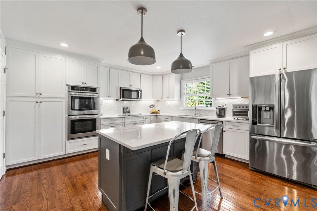 1109 Swissvale Place, Henrico, VA 23229 White shaker-style cabinetry, stainless steel appliances, central island with seating, hardwood floors, and recessed lighting