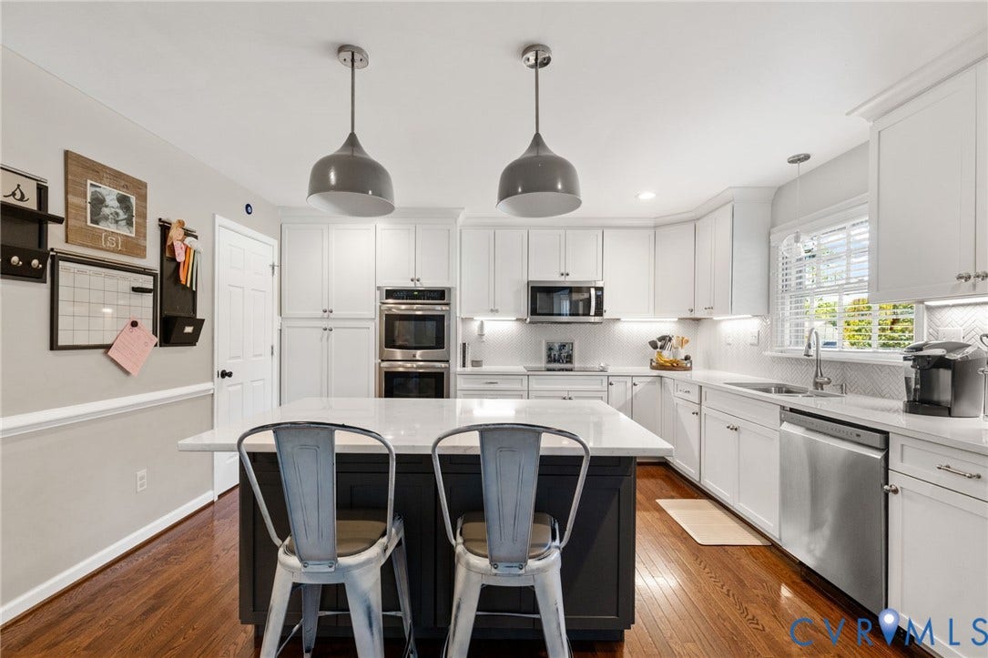 1109 Swissvale Place, Henrico, VA 23229 White cabinetry, stainless steel appliances, wood-finish flooring, central island with seating, and dual pendant lighting fixtures