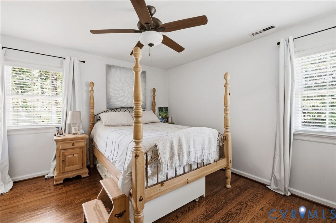 1109 Swissvale Place, Henrico, VA 23229 Hardwood flooring, painted white walls, white window blinds, and a ceiling fan with integrated lighting