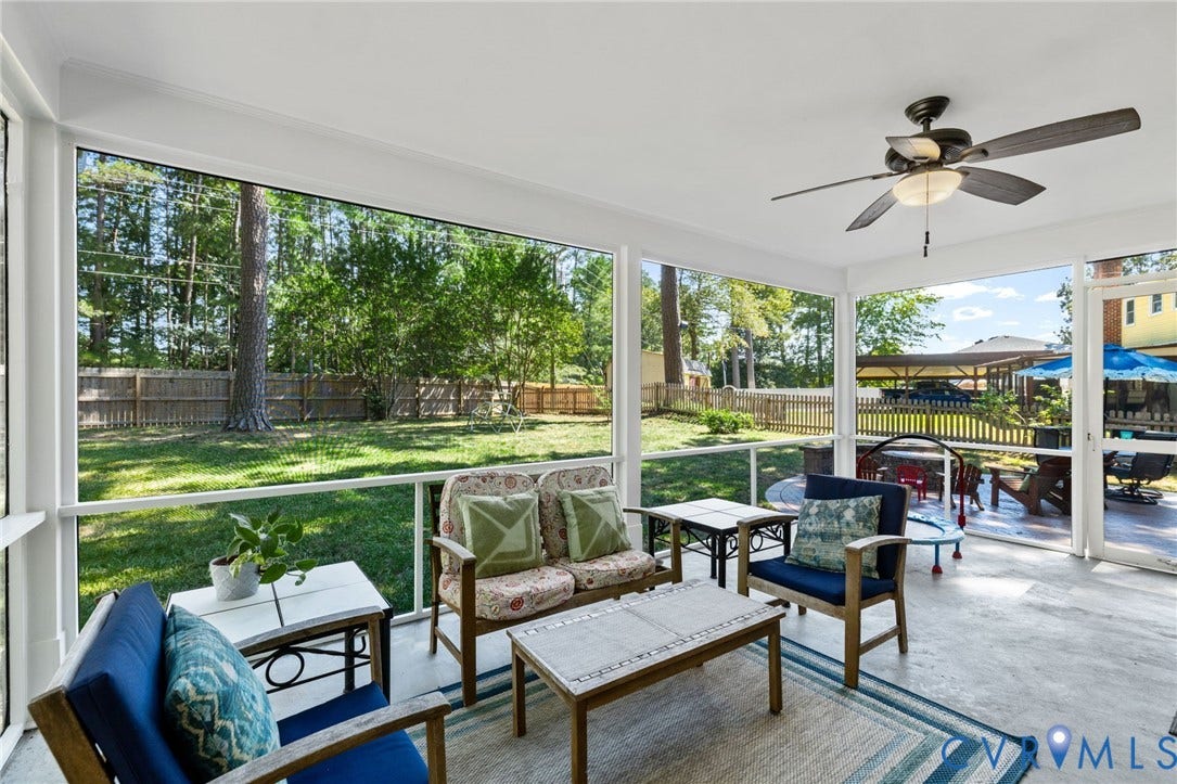 1109 Swissvale Place, Henrico, VA 23229 Screened porch featuring a ceiling fan with integrated lighting, concrete flooring, and an expansive view of the fenced backyard
