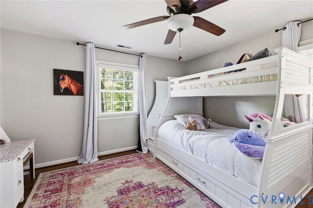 1109 Swissvale Place, Henrico, VA 23229 Hardwood flooring, white trim, window with blinds, ceiling fan with light fixture, light gray wall paint