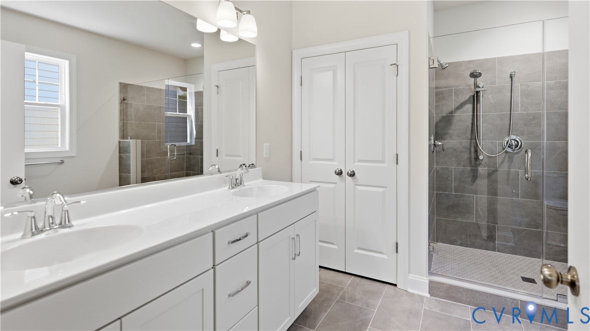 12344 Garnet Parke Circle, Short Pump Area, Glen Allen, VA 23059 Dual vanity with undermount sinks, white cabinetry, and chrome fixtures