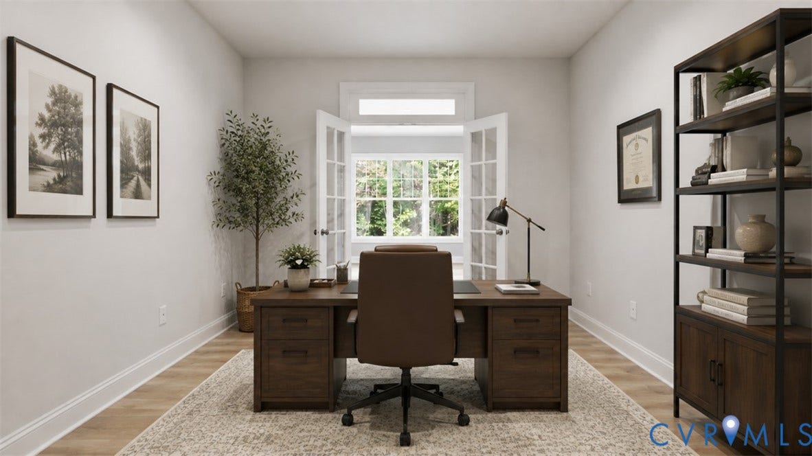 12344 Garnet Parke Circle, Short Pump Area, Glen Allen, VA 23059 French doors with transom window, light wood-finish flooring, white wall paint, and white trim