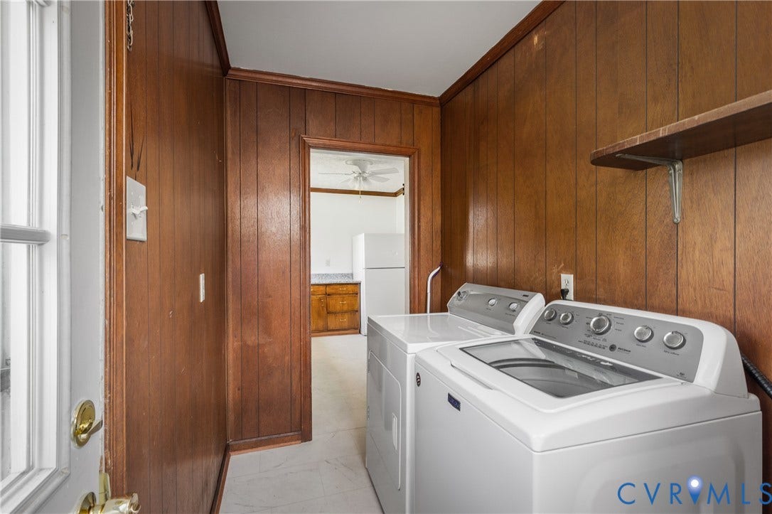 Wood paneling accents the space