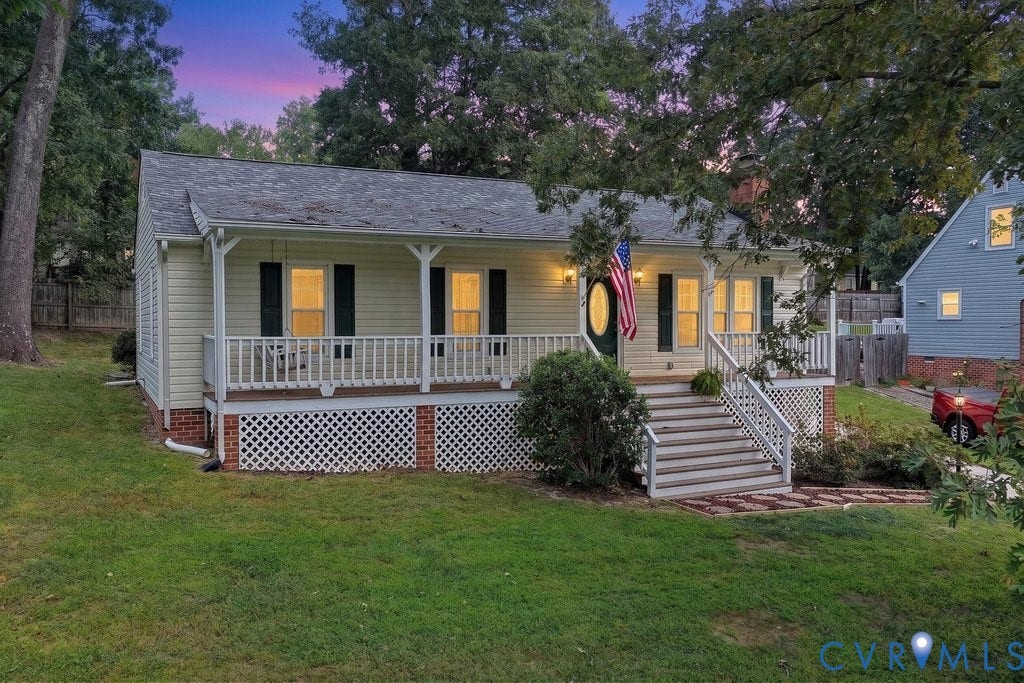 3112 Castlebury Drive, Chester, VA 23831 Ranch-style exterior with a covered front porch, white railings, and dark shutters
