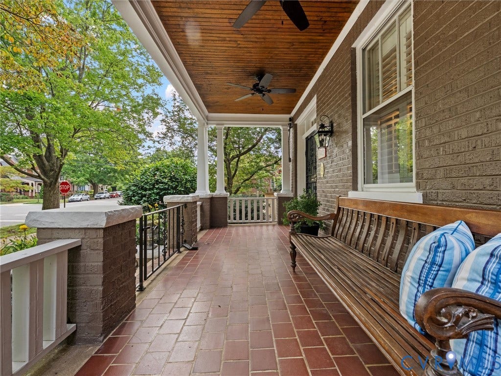 3403 W Franklin Street, Museum District, Richmond, VA 23221 Expansive covered porch featuring a wood-finish ceiling, two ceiling fans, and white architectural columns