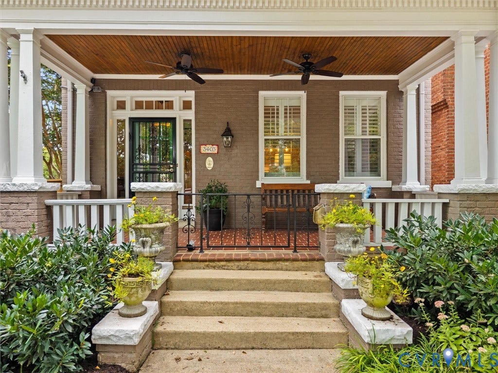 3403 W Franklin Street, Museum District, Richmond, VA 23221 Expansive covered porch featuring a wood-finish ceiling, two ceiling fans, and white architectural columns