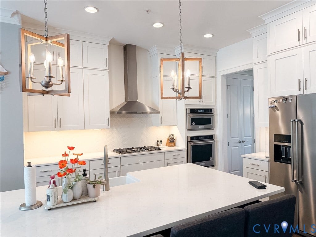 3332 Haydenpark Lane, Henrico, VA 23233 Kitchen featuring white cabinetry, stainless steel appliances, a center island with sink, white countertops, and recessed lighting