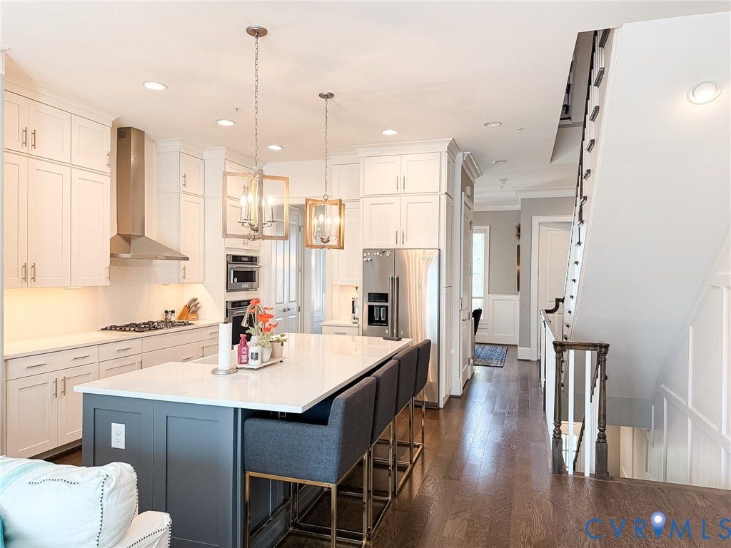3332 Haydenpark Lane, Henrico, VA 23233 Gourmet kitchen with stainless steel appliances, white cabinetry, a large island with seating, and pendant lighting
